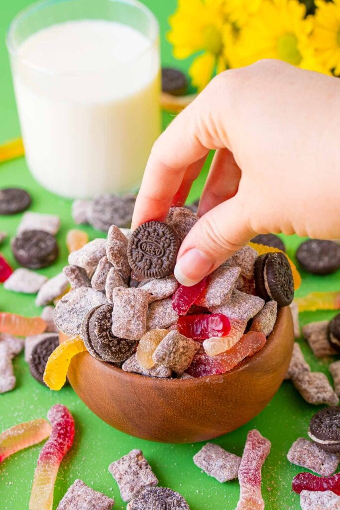 Dirt cake muddy buddies in a bowl.