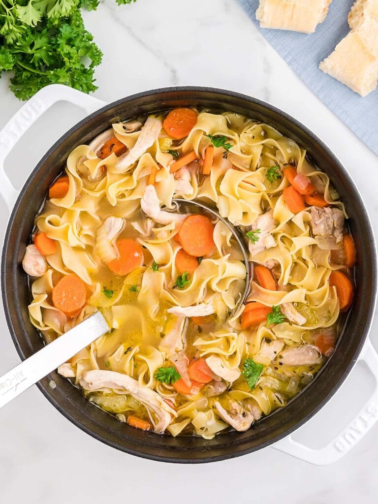 Dutch oven chicken noodle soup with carrots in a pot.