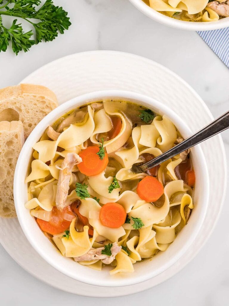 Dutch oven chicken noodle soup in a bowl.