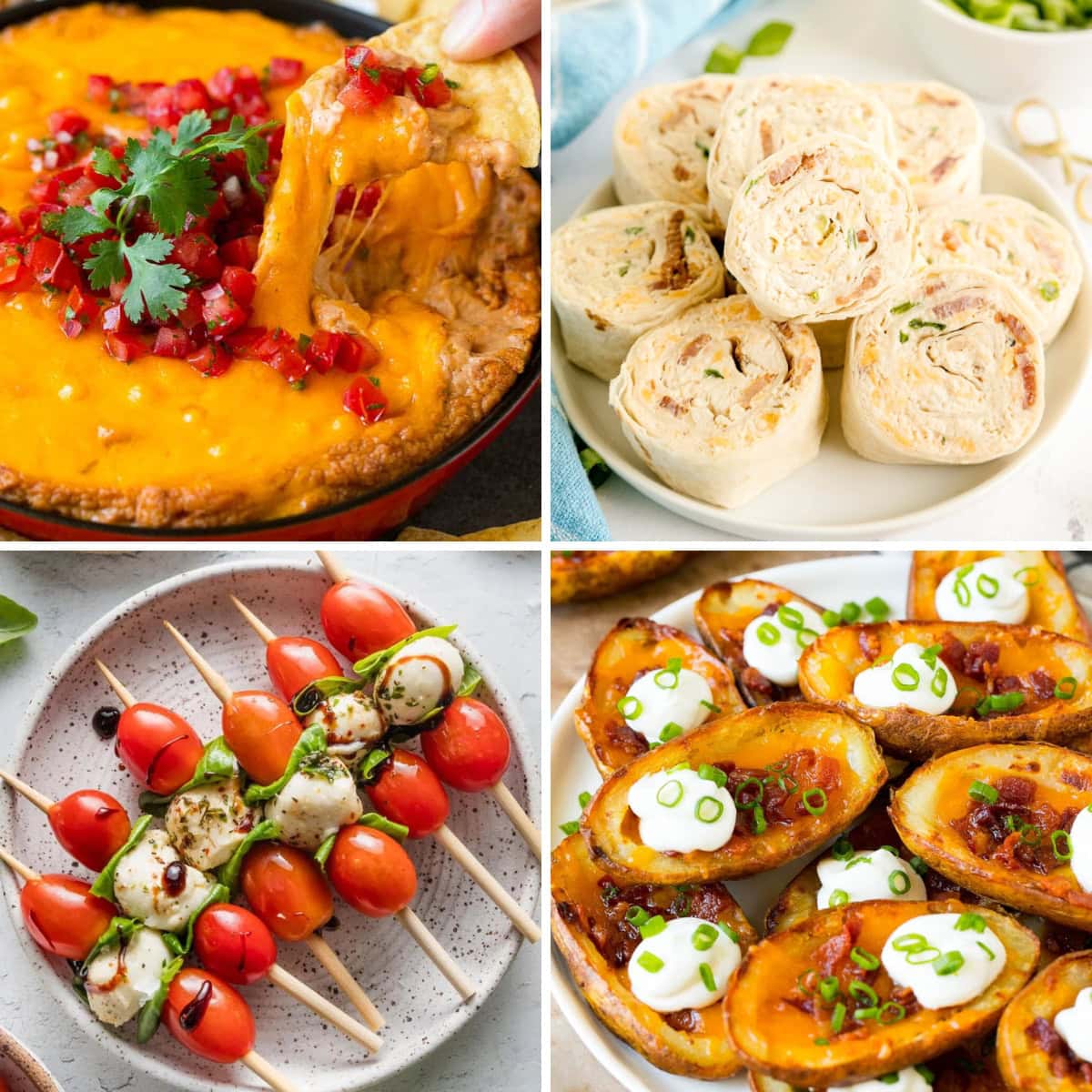 Collage of easy appetizers for parties, holidays, and potlucks.