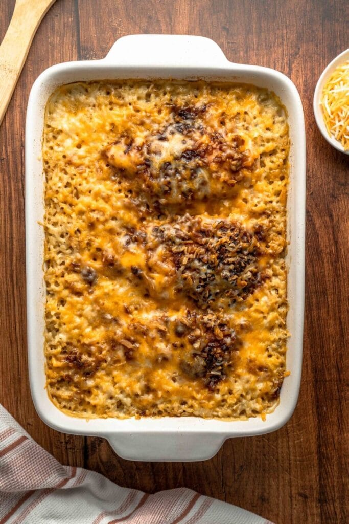 Forgotten chicken casserole in a baking dish.