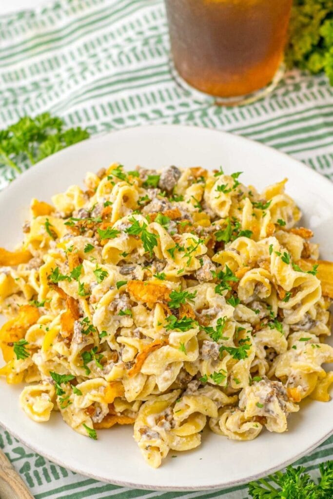 French onion beef casserole on a plate.