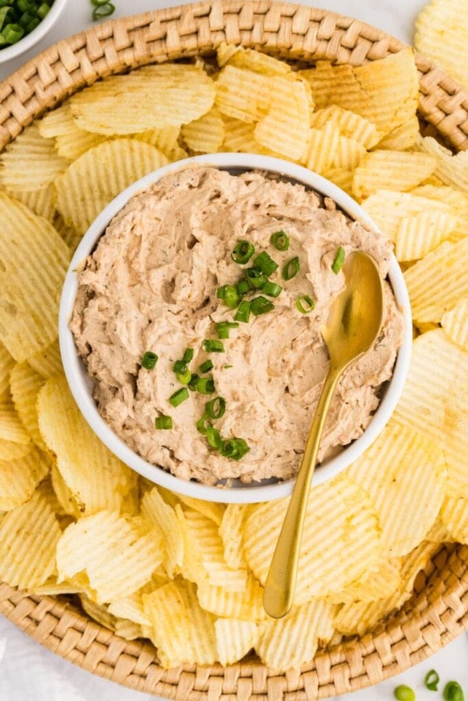 French onion dip in a bowl.