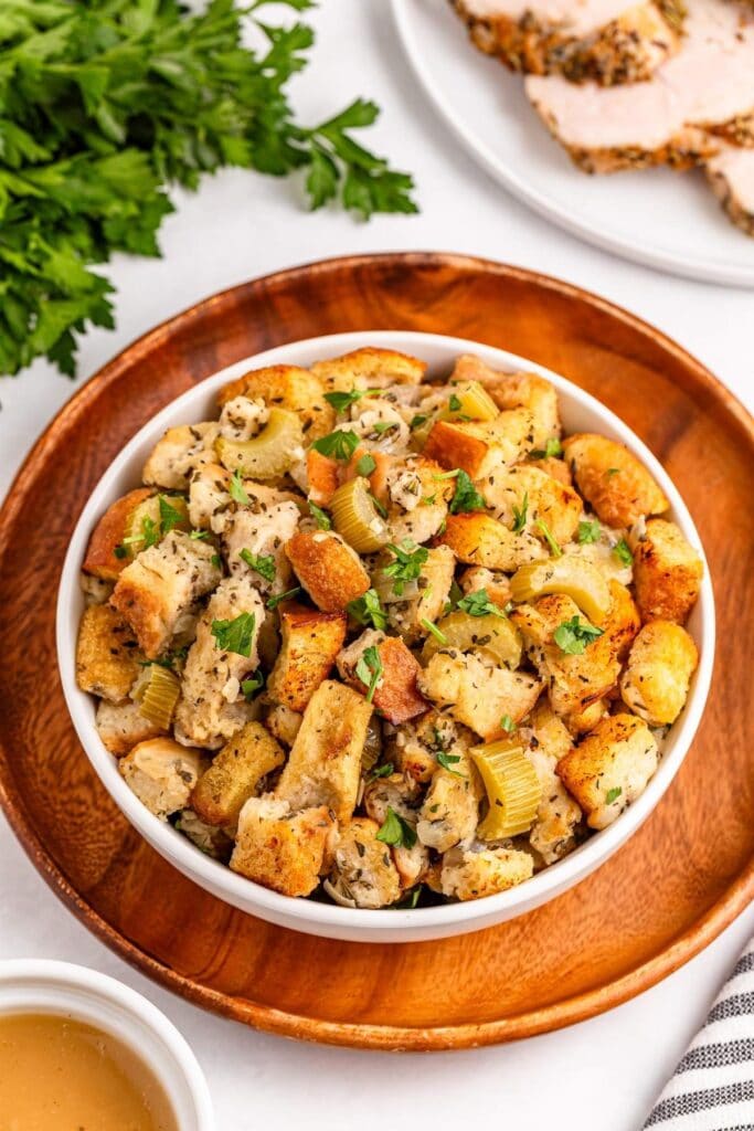 Garlic and herb stuffing in a bowl.