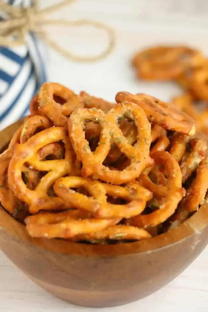 Garlic ranch pretzels in a bowl.