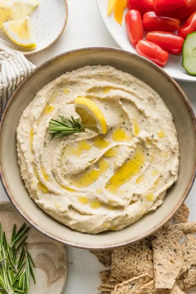 Garlic rosemary white bean dip in a bowl.