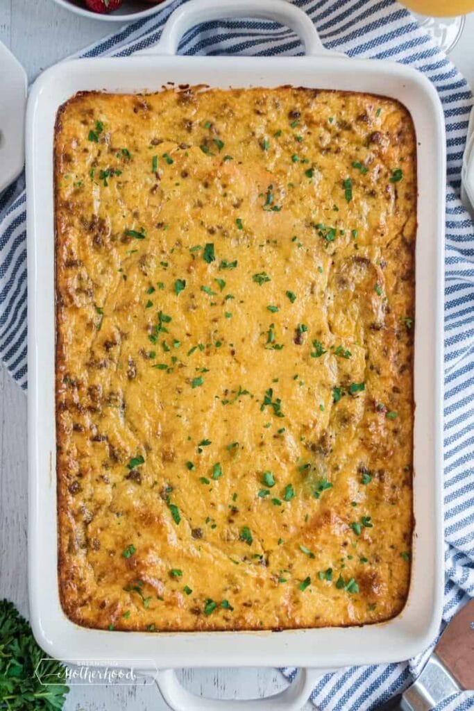 Grits casserole in a baking dish.