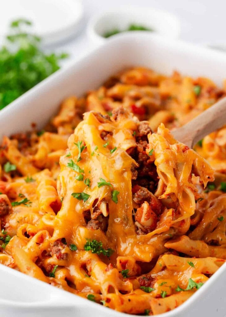 Ground beef casserole in a baking dish.