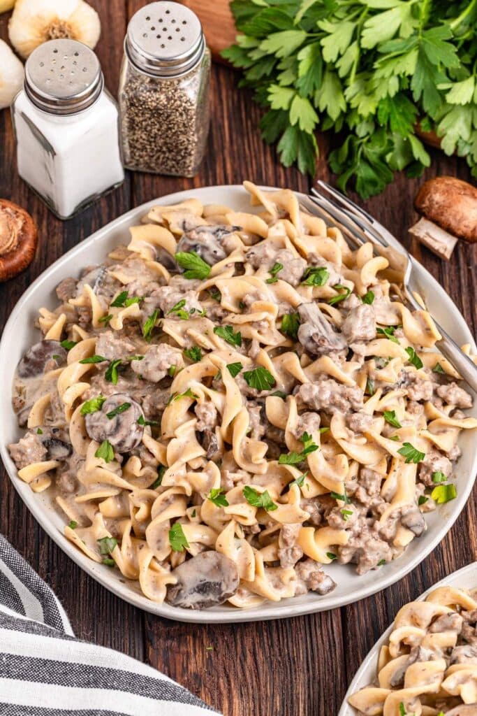 Ground beef stroganoff on a plate.