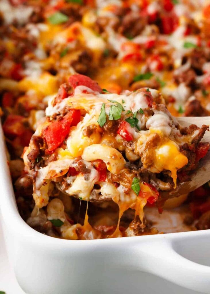 Hamburger casserole in a baking dish.