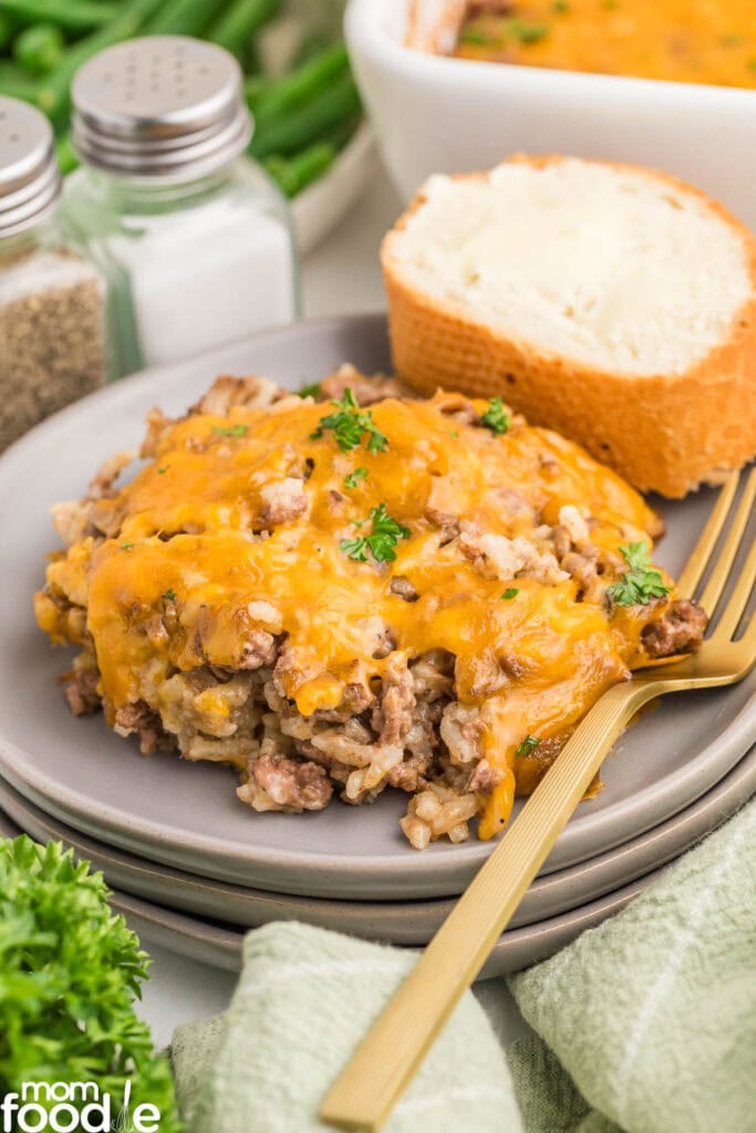 Hamburger rice casserole on a plate.