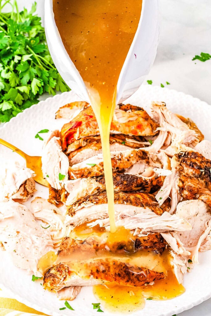Instant Pot turkey gravy in a gravy boat.