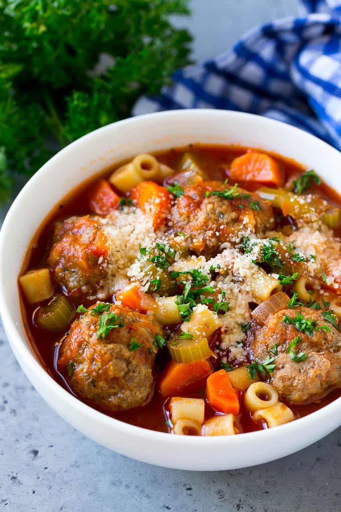 Italian meatball soup in a bowl.