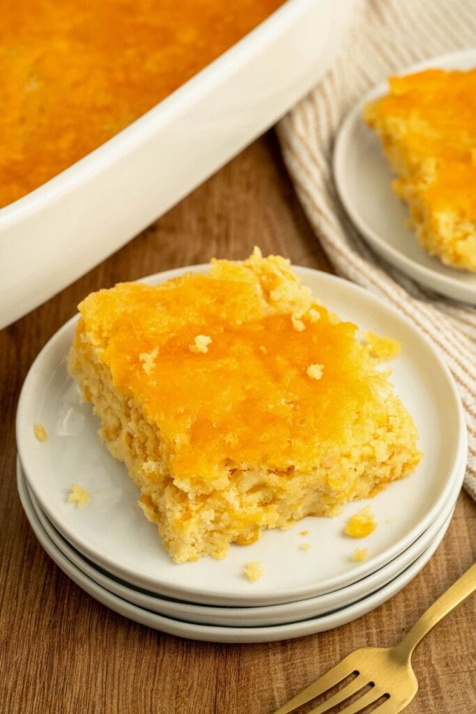 Jiffy cornbread casserole on a plate.