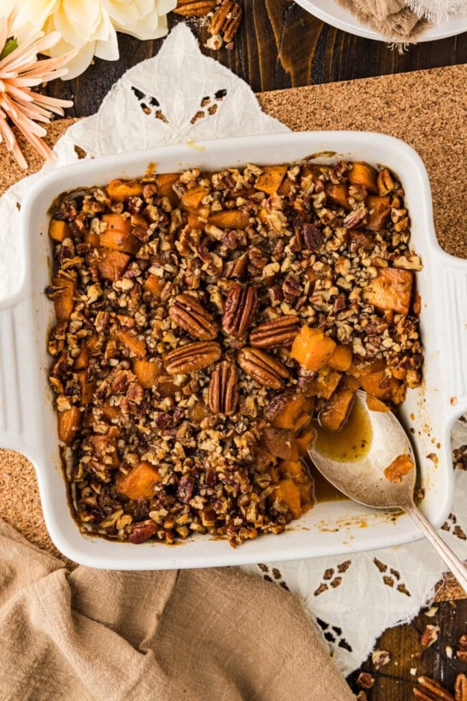 Kentucky bourbon sweet potatoes in a baking dish.