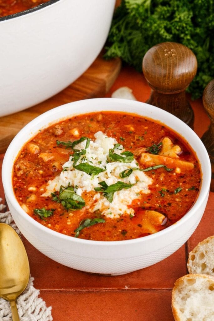 Lasagna soup in a bowl.