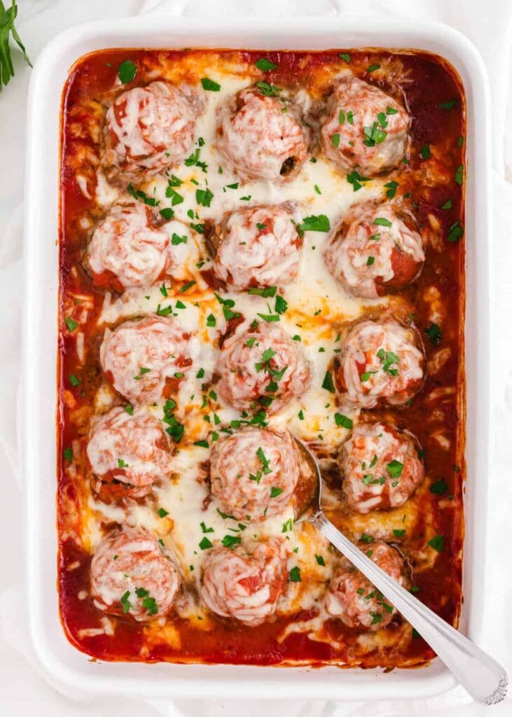 Meatball casserole in a baking dish.