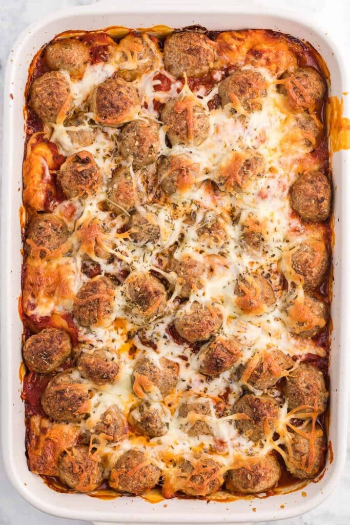 Meatball sub casserole in a baking dish.