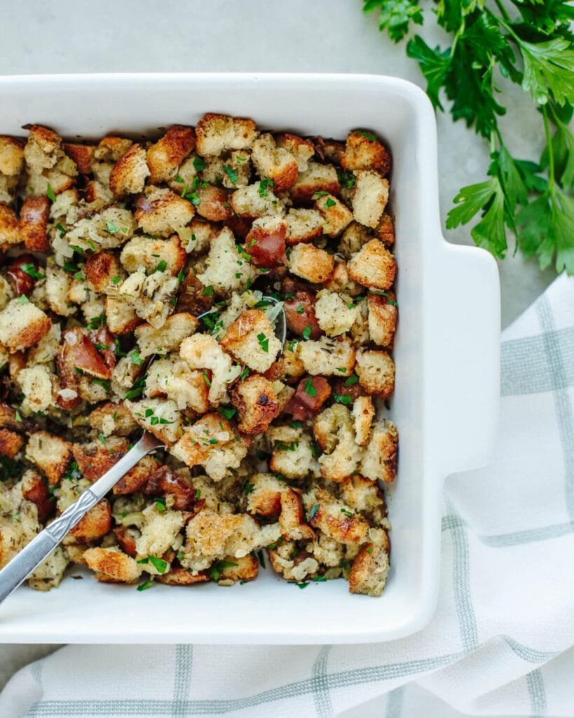 Old-fashioned stuffing in a baking dish.