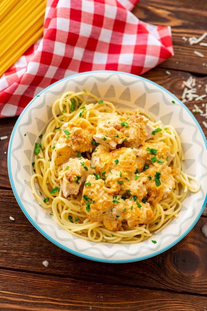 Parmesan chicken casserole on a plate.