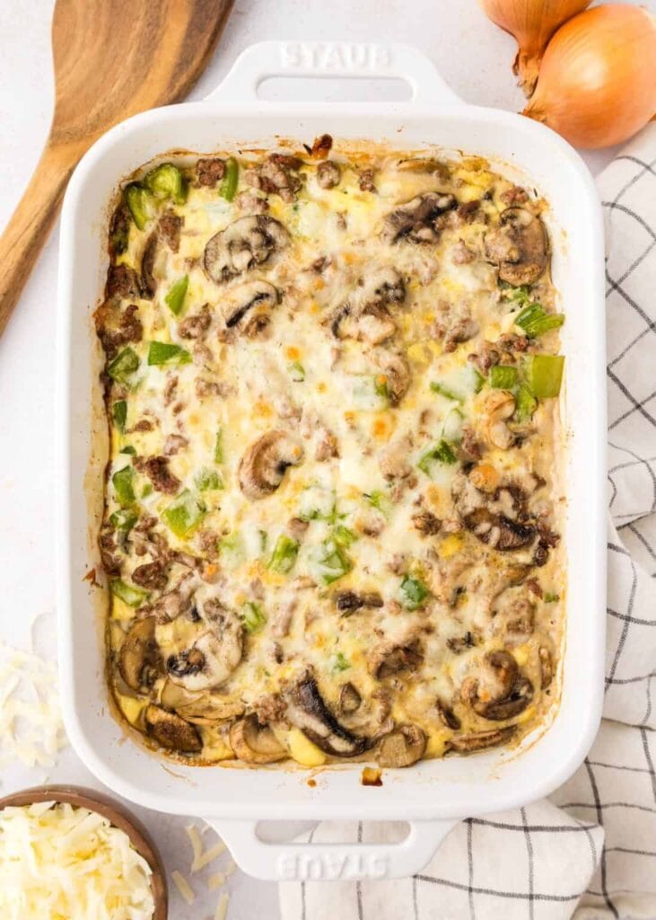 Philly cheesesteak casserole in a baking dish.