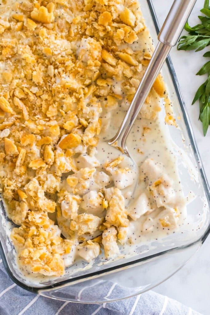 Poppy seed chicken in a baking dish.