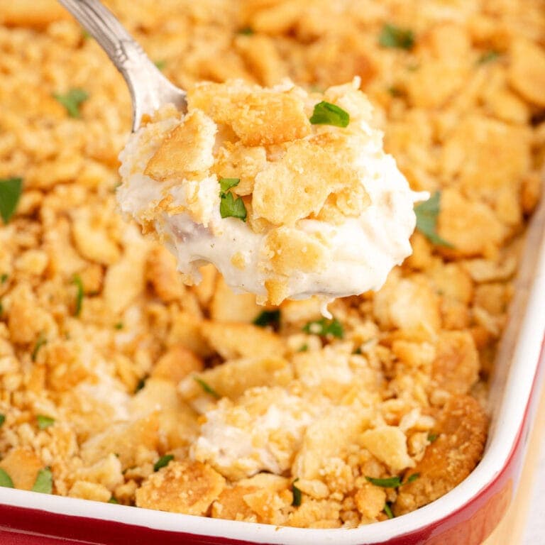 Ritz cracker chicken casserole in a baking dish.