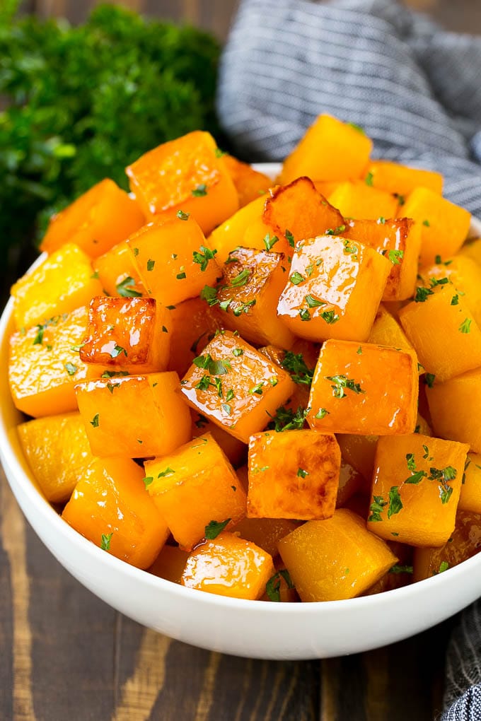 Roasted butternut squash in a bowl.