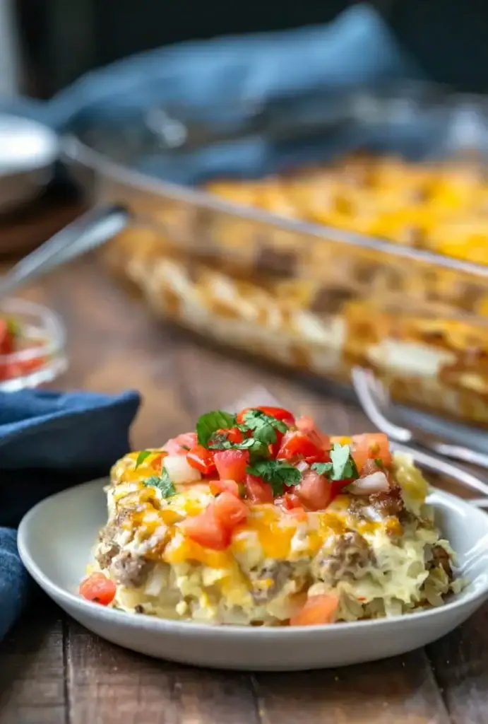 Sausage breakfast casserole on a plate.