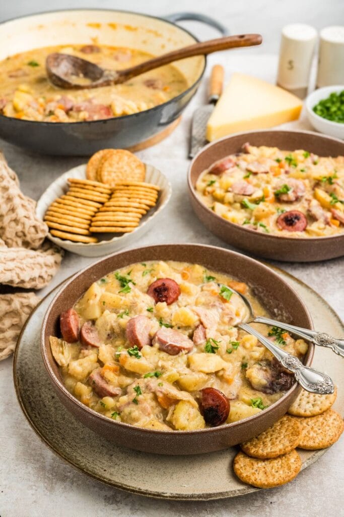 Sausage potato soup in a bowl.