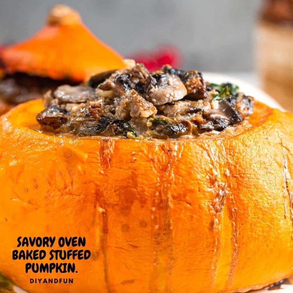 Close-up of savory oven-baked stuffed pumpkin.