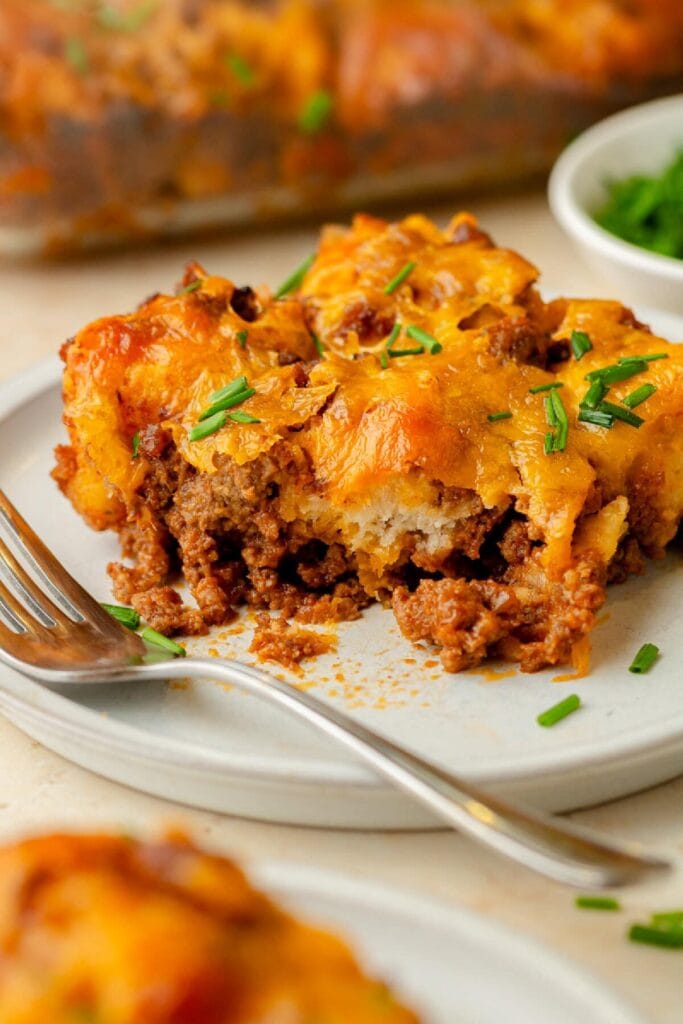 Sloppy Joe biscuit casserole on a plate.