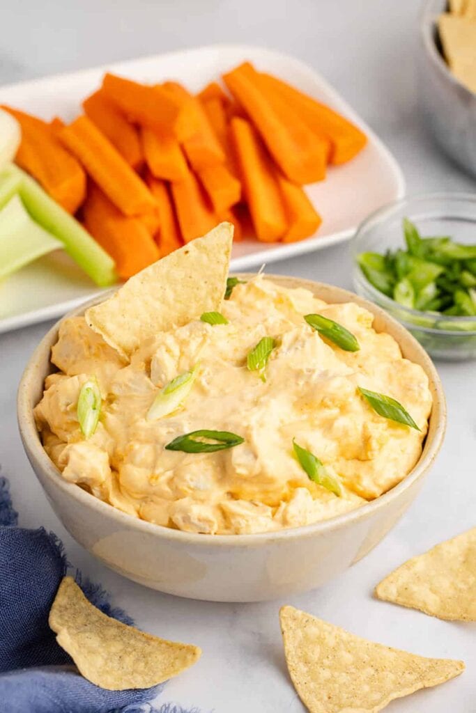 Slow cooker buffalo chicken wing dip in a bowl.