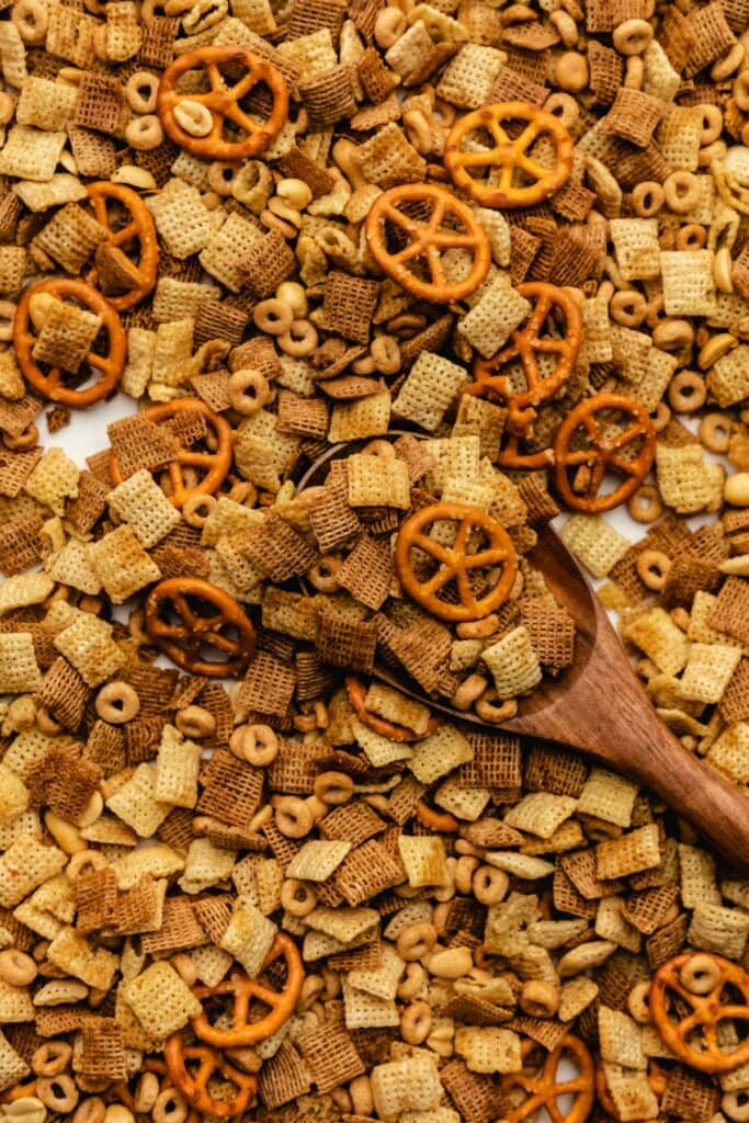 Slow cooker Chex Mix with pretzels and cereal.