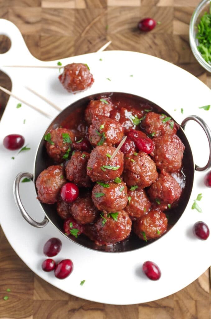 Slow cooker cranberry meatballs in a bowl.