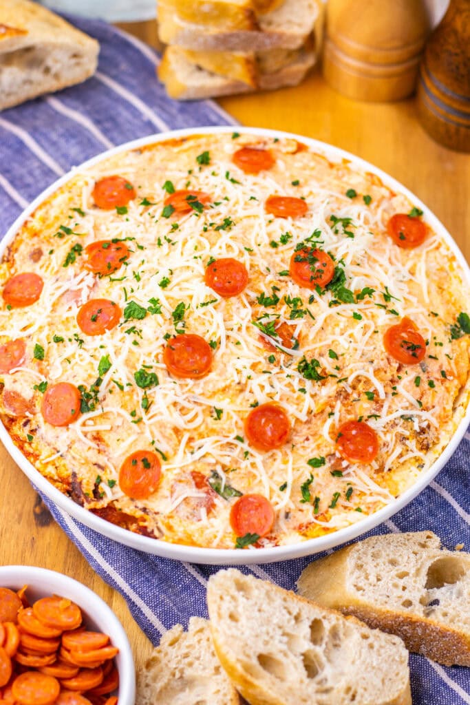 Close-up of slow cooker pizza dip with pepperoni.