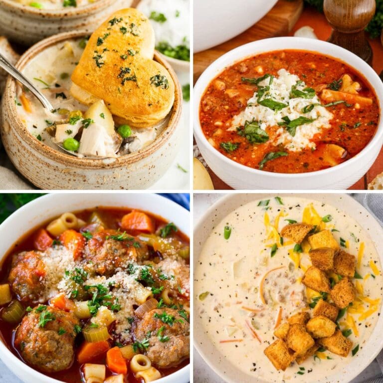 Collage of family-friendly soup recipes.