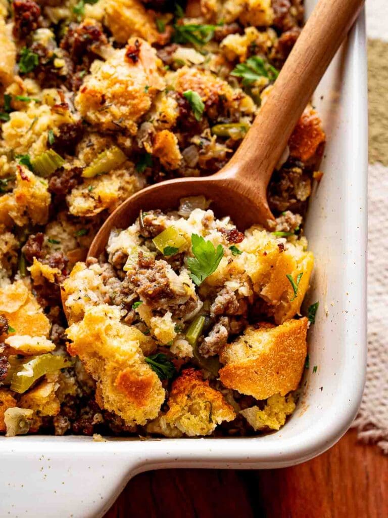 Sourdough stuffing in a baking dish.
