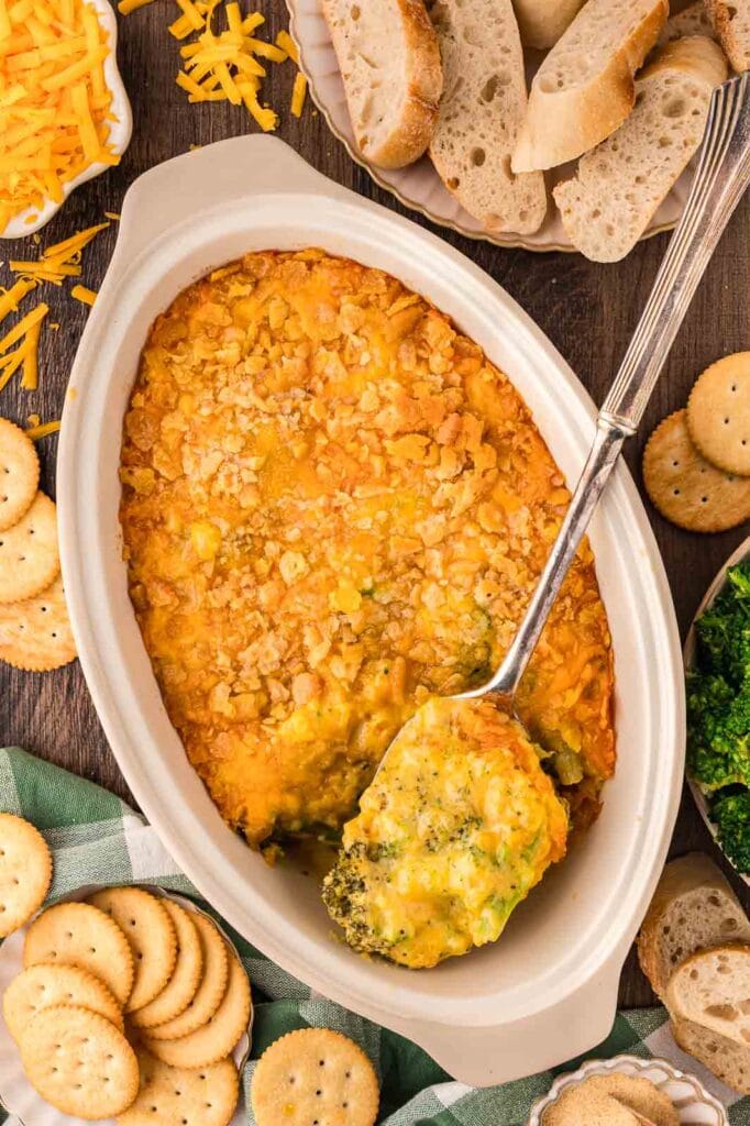 Southern broccoli casserole in a baking dish.