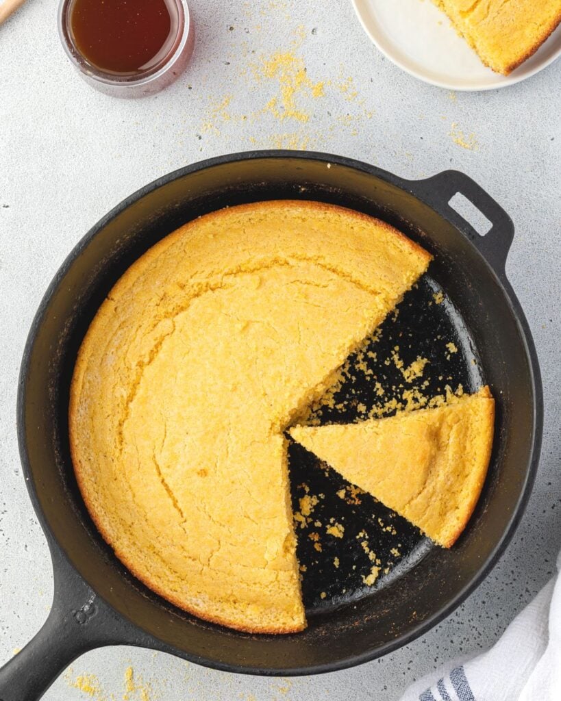 Southern cornbread without buttermilk in a skillet.