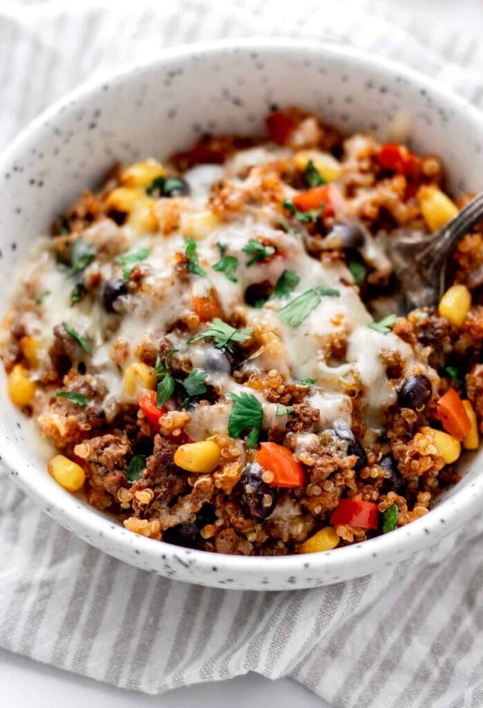 Southwestern quinoa casserole in a bowl.