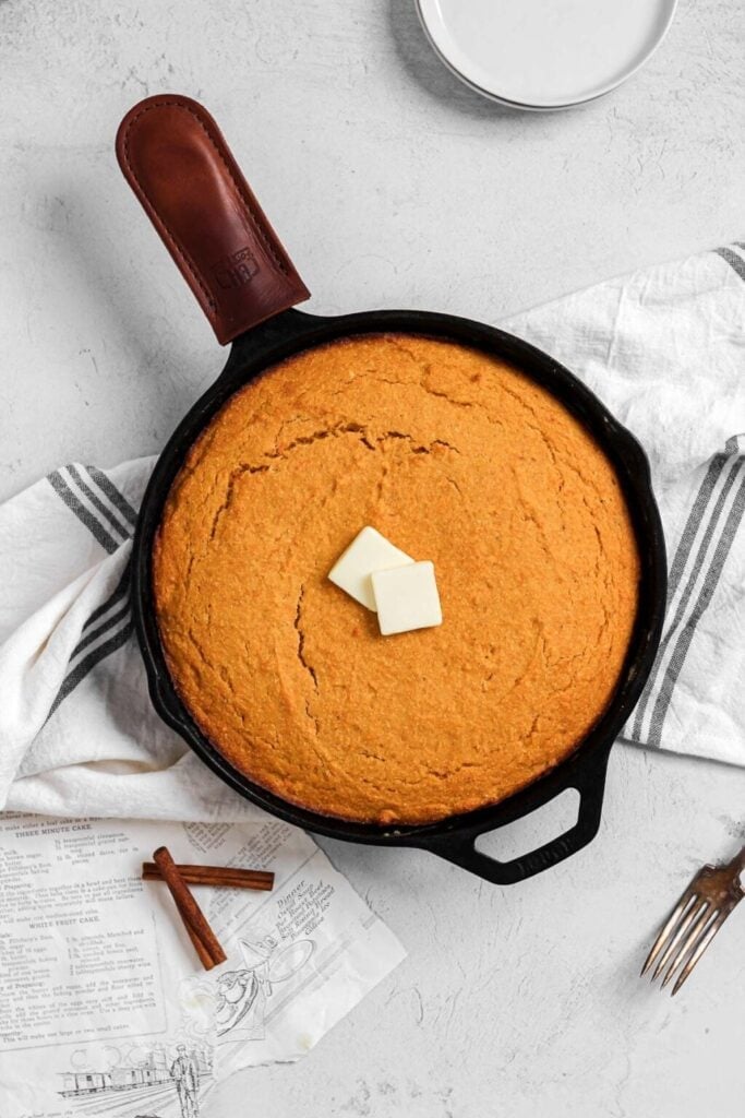 Sweet potato cornbread in a skillet.