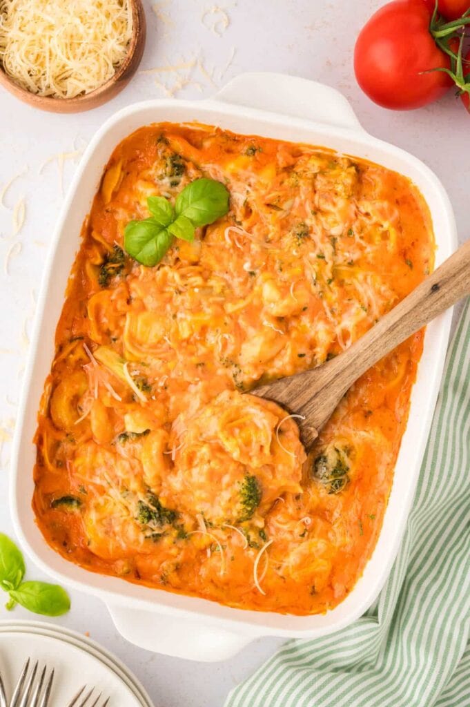 Tortellini casserole in a baking dish.