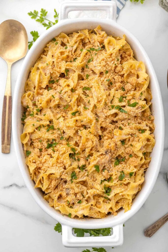 Tuna noodle casserole in a baking dish.