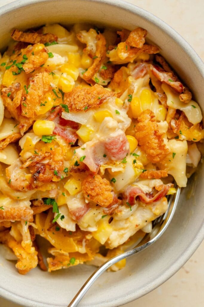 Ultimate chicken casserole in a bowl.
