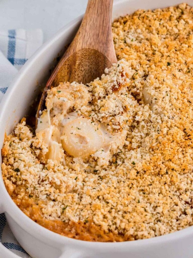 Vidalia onion casserole in a baking dish.