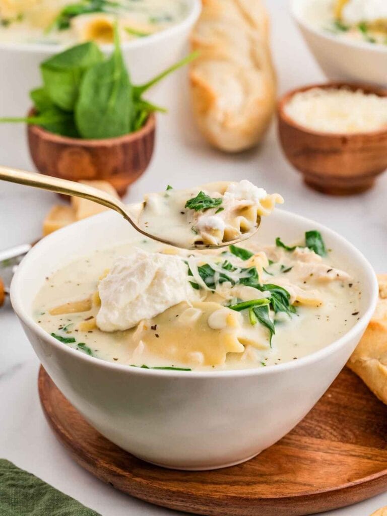 White chicken lasagna soup in a bowl.