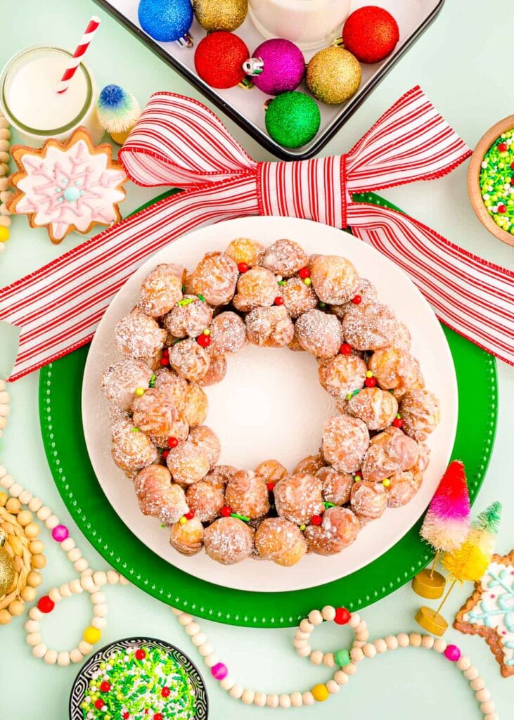 Donut hole wreath on white plate