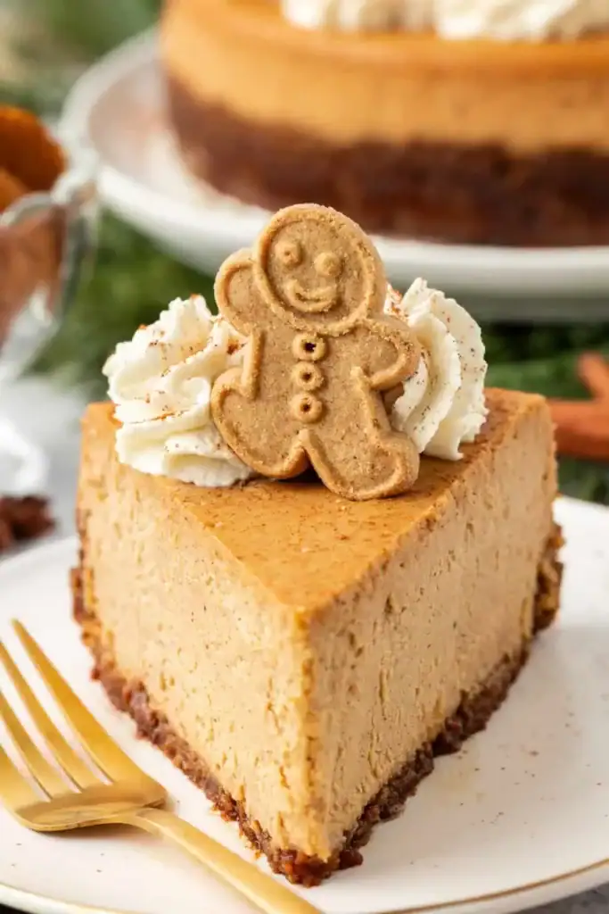 Slice of light brown cheesecake with whipped cream and gingerbread cookie on white plate with gold fork, whole decorated cheesecake on stand in background.