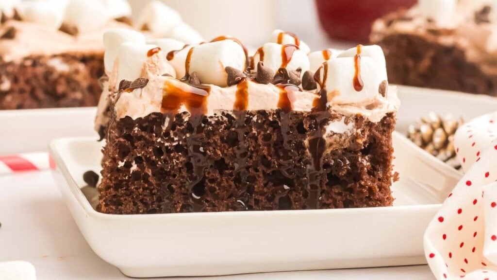 Slice of chocolate cake topped with whipped frosting, marshmallows, chocolate chips, and syrup drizzle on white plate, with pine cone and festive napkin in background.